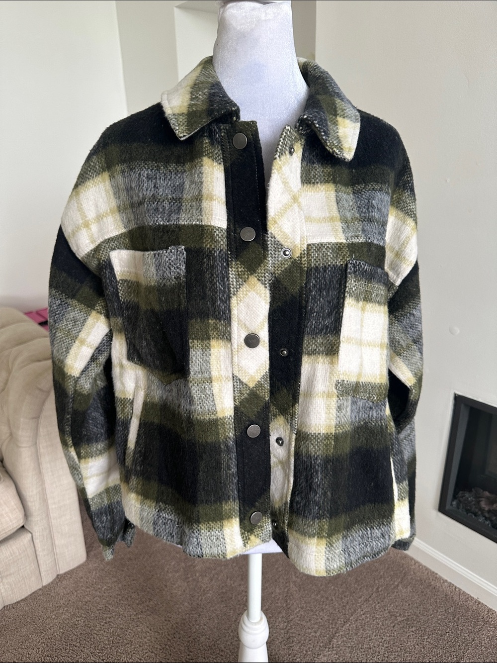 Thread & Supply Olive, Black & Cream Plaid Button-Front Shacket